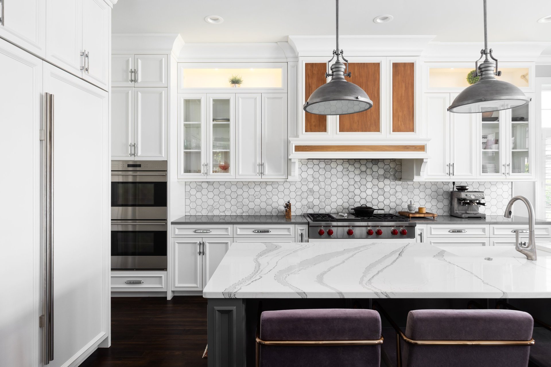 Modern luxury kitchen with marble island and premium finishes