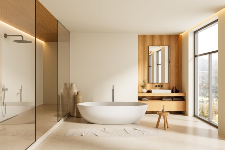 Luxury spa bathroom with freestanding tub and natural light