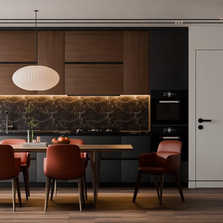 Modern luxury kitchen with dark wood and marble